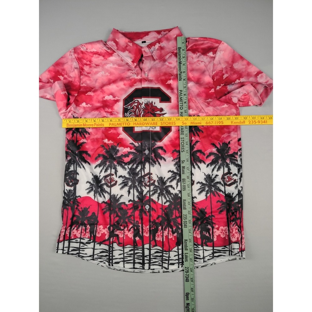 South Carolina Gamecocks Shirt Mens L Hawaiian Palm Trees Button Down Red Black - Picture 8 of 14